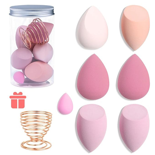 Makeup Sponges Set - Beauty sponges Blending Blenders with 1 Holder and Egg Case, Flawless for Cream, Powder and Liquid (Pink,7Pcs+1Holder+ case)