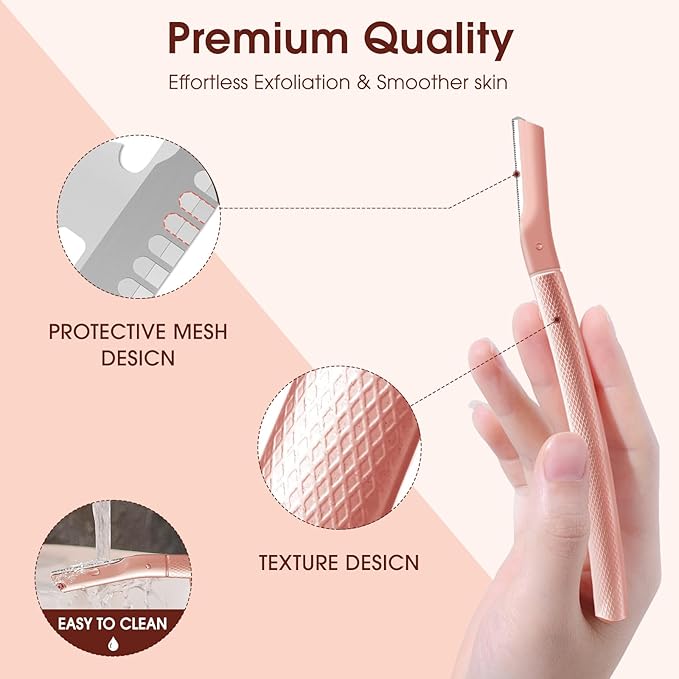 Dermaplane razor for women with 10 replaceable blades, dermaplaning tool for facial peach fuzz, eyebrows, exfoliation, and also suitable for shaving men beards, Rose Gold