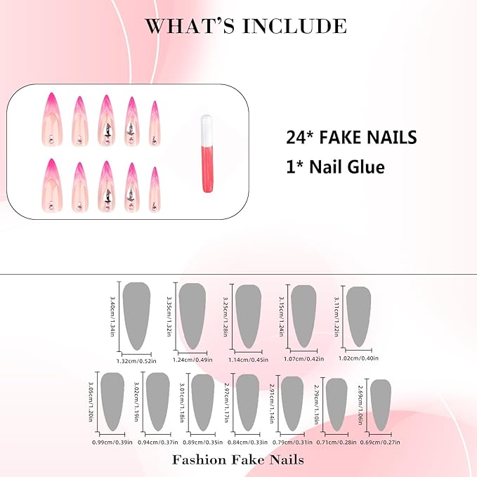 IMRAIN Press on Nails Long Stiletto Fake Nails Pink Gradient 3D Wave French Tips False Nails with Rhinestone Designs Full Cover Handmade Artificial Glossy Glue Stick on Acrylic Nails for Women 24Pcs