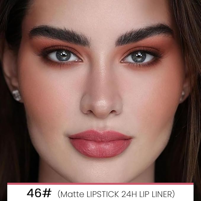 2-in-1Nude Pink Velvet Lip Liner & Lipstick Set Kit for Women, Matte Lips Kit with Lip Liner Lip Stains Long Lasting Waterproof 24 Hour Lipstick and Lip Liners Combo Lipliners Pencil Set 46