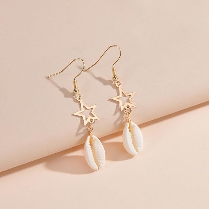 Boho Shell Drop Earrings Vintage Gold Star Shell Dangle Earrings Statement Cowrie Shell Hook Earrings Summer Beach Seashell Earrings Jewelry for Women