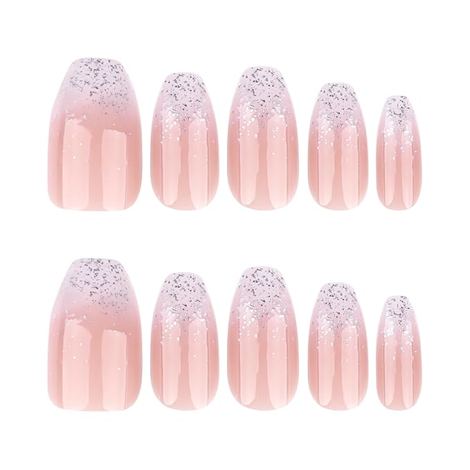 Press On Nails Spring Acrylic Nails for Women - Ombre Glitter Designer Fake Nails Short Coffin 24PCS, Glossy Soft Gel with Glue, Outdoor Picnic/Wedding/Party Reusable Stick On Nails Gift