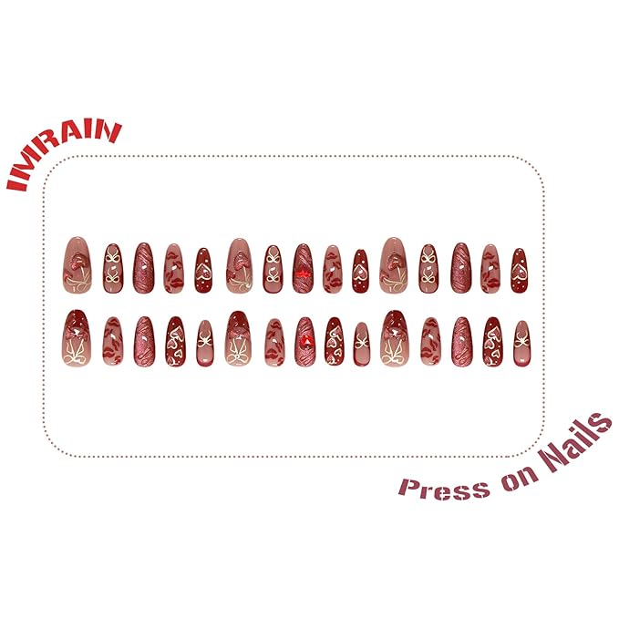 IMRAIN Press on Nails Medium Almonds Fake Nails with Heart Rhinestone Design Glossy Acrylic False Nails Full Cover Stick on Nails Cute Cherry Bow Glue on Nails for Women Manicure 24Pcs