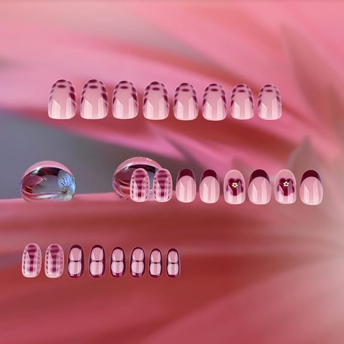 Peach Blossom Acrylic Full Cover Fake Nails Flower Press on Nails 24Pcs Tortoise Pattern Gel Glue on Fingernails Glossy Red French Short Almond False Nail Pearl Stick on Nail for Holiday Manicure Art