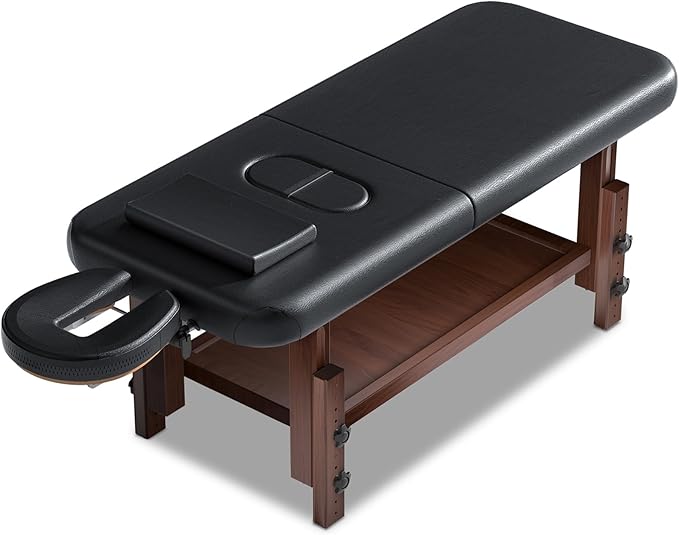 Wood Massage Table with Hight Adjustable Legs and Backrest for Treatment, Black PU Leather Professional Spa Bed Load1500 LBS, Spa Table with Storage for Footmassage Facial CareSpa Tattoo