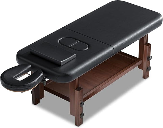 Wood Massage Table with Hight Adjustable Legs and Backrest for Treatment, Black PU Leather Professional Spa Bed Load1500 LBS, Spa Table with Storage for Footmassage Facial CareSpa Tattoo
