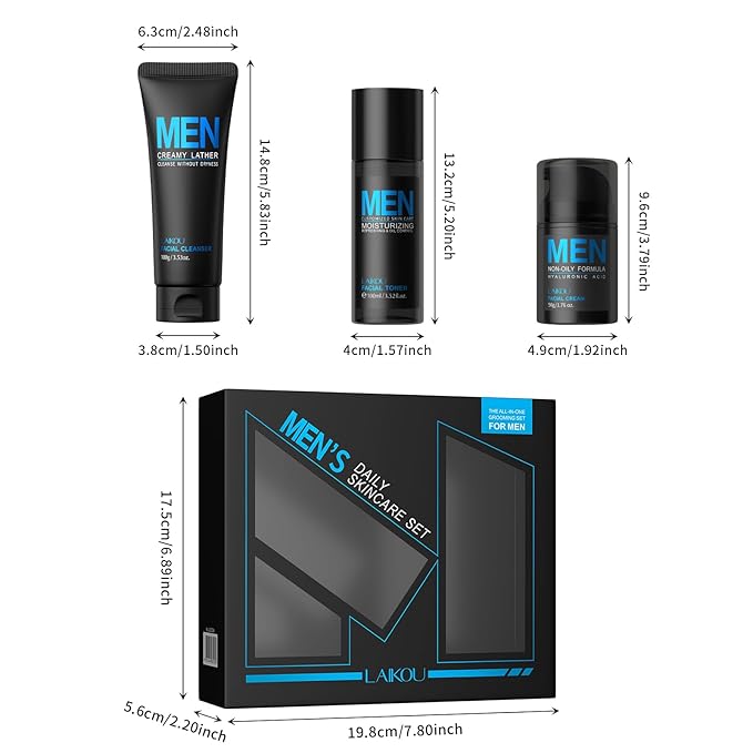 LAIKOU Men's Skin Care Set, Gifts for Men, Skincare Gift Set, Men Skincare with Facial Cream, Facial Cleanser, Facial Toner Father's Day Christmas Birthday Valentines for Him Dad Son Husband Boyfriend