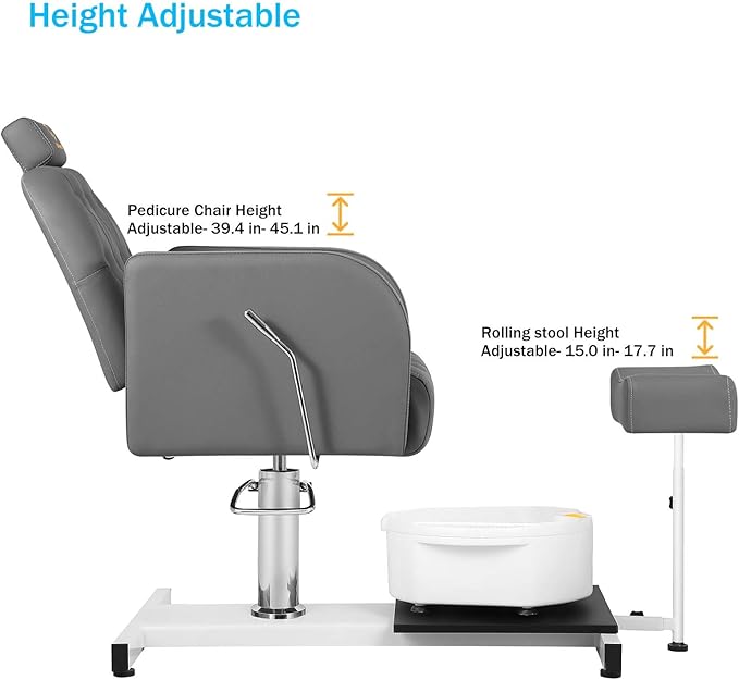 Reclining Pedicure Chair with Foot Massage Basin & Stool, Hydraulic Adjustable Pedicure Chair Station, 360° Rotation Beauty Spa Salon Unit Station Gray