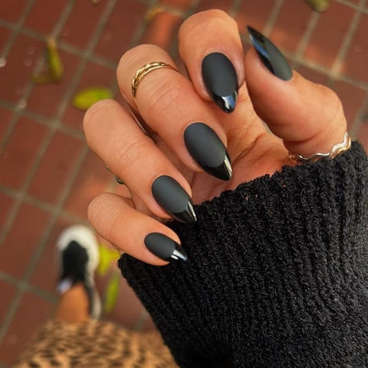 Black French Tip Press on Nails Short Almond Nails Press ons, Short Fake Nails with Matte Finish, Dark French Glue on Nail False Nail for Women Halloween, in 32 Pcs 16 Sizes