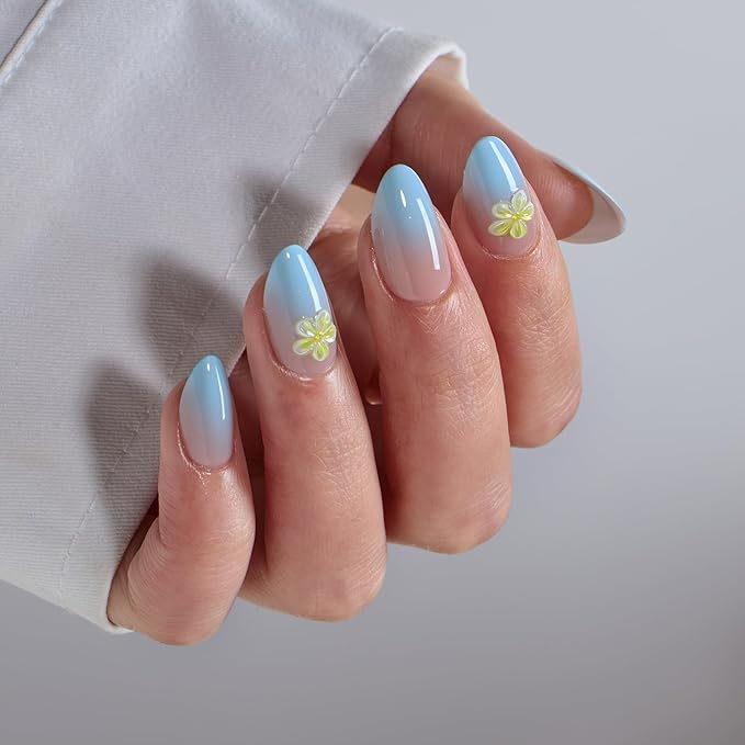 BTArtbox Press On Nails Short Ombre- Flower Almond Press On Nails with Glue for Women, Opaque Soft Gel Glue On Nails in 16 Sizes - 32 Stick On Nails Kit, Garden Party