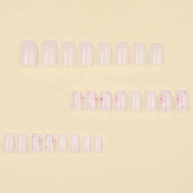 Nude Press On Nails Medium Square, Pink Flower Fake Nails with 3D Floral Design, Glossy Finish Reusable Acrylic Nails, Natural Glue On Nails Kit for Women, 24Pcs