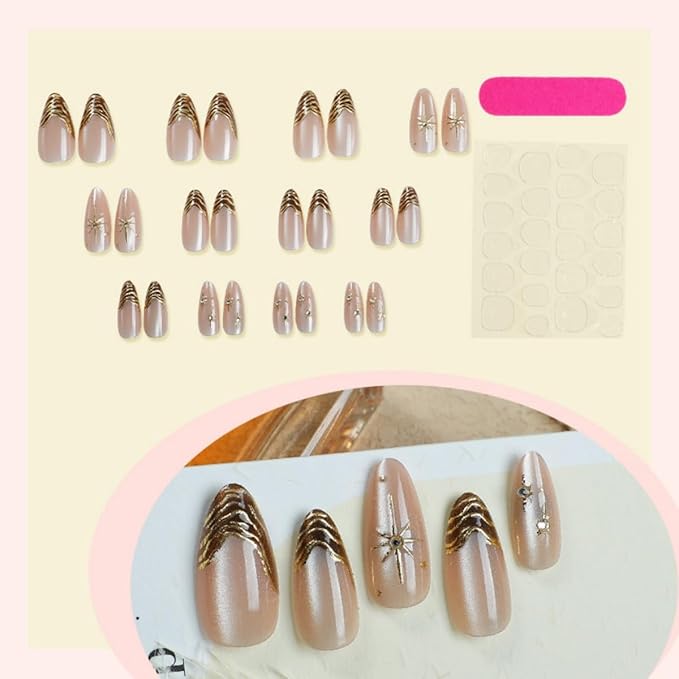 24Pcs Gold Press on Nails Medium Almond Fake Nails 3D Gold Chrome Rhinestone Design Stick on Nails French Tip False Nails Full Cover Acrylic Glue On Nail for Women Nail Art Decoration