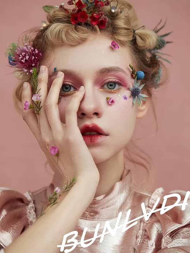 30pcs Cute Flower Press on Nails Short Almond Fake Nails With 3d Colorful Floral Gold Beads Designs Summer Autumn Flowers False Nails Star Artificial Nail Tips Glossy Glue on Nails For Women Manicure