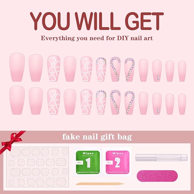 Square Press on Nails Long Coffin French Press on False Nails with Designs Nude Pink Rhinestones Acrylic Nails Press on Stick On Nails for Women Girls