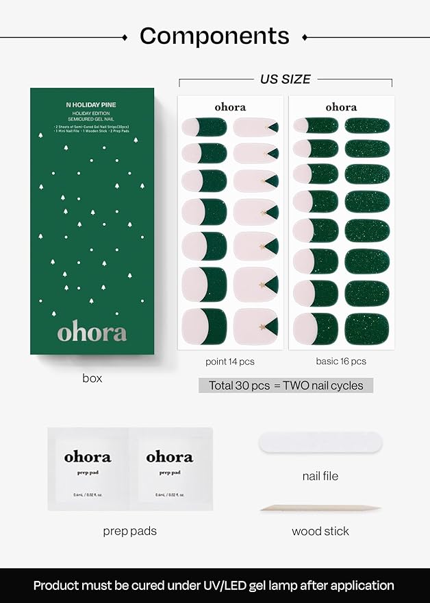 ohora Semi Cured Gel Nail Strips (N Holiday Pine) - Works with Any Lamps, Salon-Quality, Long Lasting, Easy to Apply & Remove - Includes 2 Prep Pads, Nail File & Wooden Stick