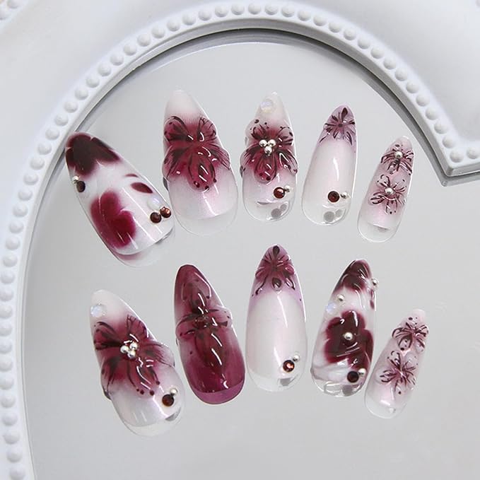 24Pcs Purple Flower Press on Nails Almond Medium Fake Nails 3D Flower False Nail with Rhinestones Pearls Designs Floral Nail Tips Full Cover Acrylic Glue on Nails for Women Manicure Decoration