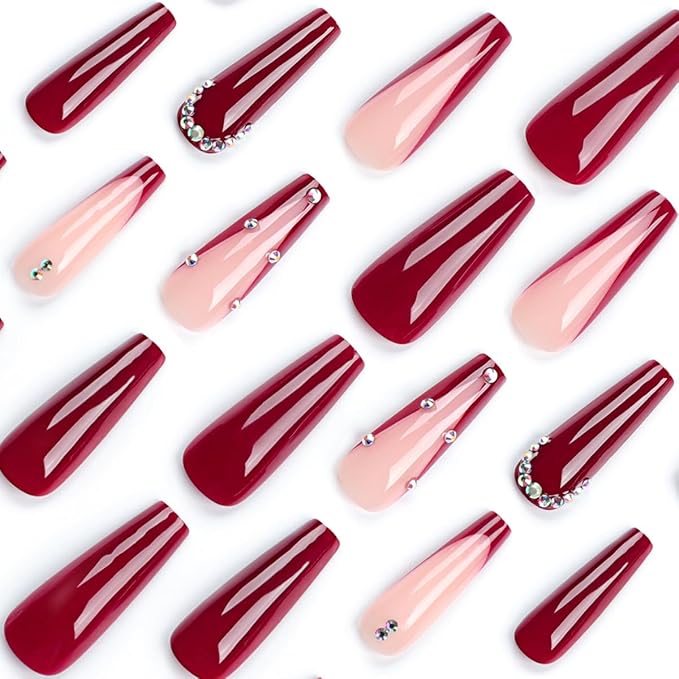 Red Press on Nails Classic French Tip with Sparkling Rhinestones Long Coffin Fake Nails Burgundy Nails Full Cover Glossy Glue on Nails for Women 24PCS