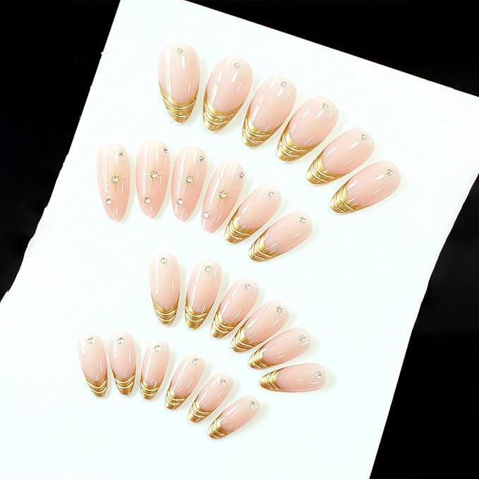 24Pcs Gold French Tip Press on Nails Medium Almond Fake Nails Gold Star with Rhinestones Glitter Full Cover Acrylic Nails Glue on Nails French False Nails Glossy Stick on Nails for Women Manicure Tips