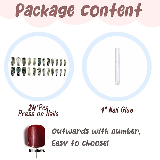 BABALAL Long Coffin Press on False Nails Dark Green Fake Nails Bamboo Glue ons Nail 3d Snake Goth Design Acrylic Nails 24Pcs Ballerina Suppplies Art