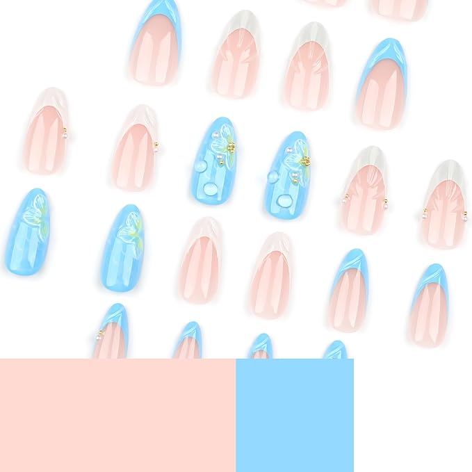 Summer Almond Medium Press on Nails with 3D Flower Shell Designs Nude Nails Press ons Glossy Glue on Nails Light Blue Acrylic Nails Full Cover Artificial Stick on Nails Reusable for Women 24Pcs