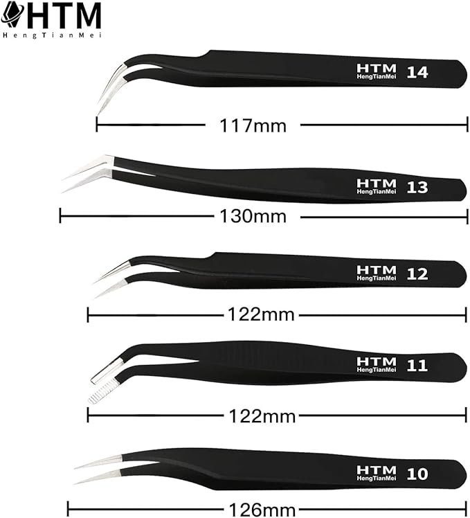 HengTianMei Precision Tweezers Set, ESD Anti-Static Stainless Steel Tweezers Set for Craft, Jewelry, Electronics, Laboratory Work (14 PCS)
