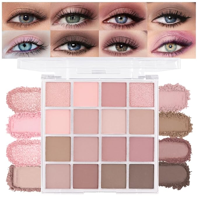 16Color Matte Shimmer Eyeshadow Palette,Natural Nude Brown RoseGold Coffee Pink DarkRed Sparkly Eye Shadow Makeup,Warm Pastel Eyeshadows Long Lasting Waterproof Naturing-Looking Women Girls Eye Shadow