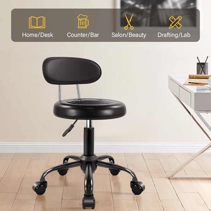 Rolling Stool with Wheels Swivel Stool with Back Height Adjustable Chair PU Leather Rolling Chair Ideal for SPA Salon Home Office Drafting Work (Black)