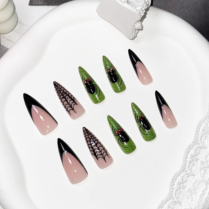 IMRAIN Handmade 3D Spider Press on Nails Long Stiletto Acrylic Fake Nails Halloween Black Green Glitter False Nails Goth Glossy Artificial Glue on Nails