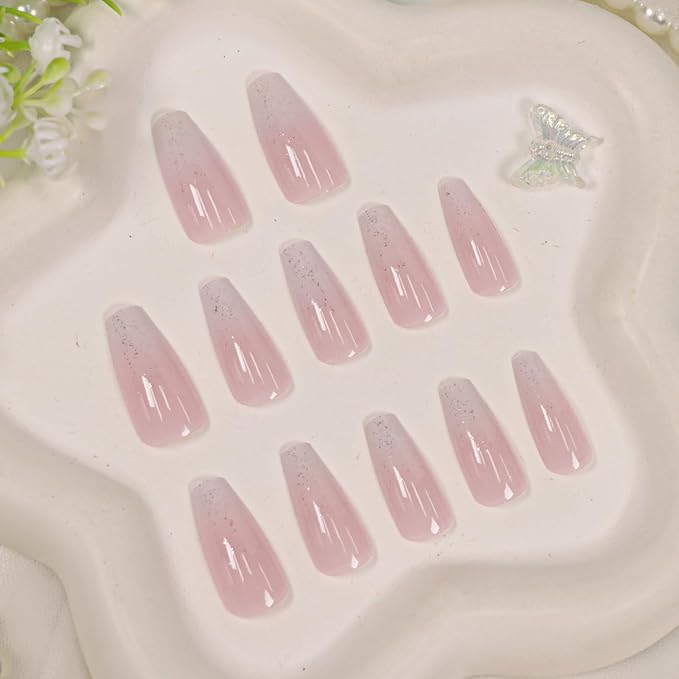 Medium Press on Nails Coffin Fake Nails Gradient Nails Press ons Light Pink False Nails with Glitter Designs for Women 24Pcs