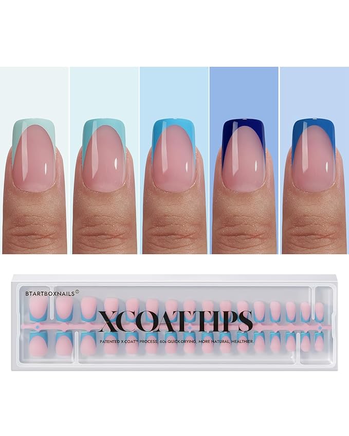 BTArtboxnails XCOATTIPS French Tip Press On Nails - Blue Press On Nails Short, Square Fake Nail Tips, 160Pcs Soak Off Soft Gel Acrylic Nail Extension in 16 Sizes
