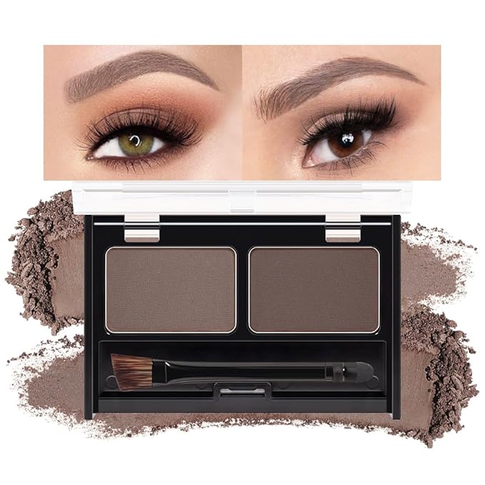 Eye Brow Powder for Women, Medium Brown Eyebrow Powder Kit with Double-ended Eyebrow Brush, Long-Lasting Waterproof Two Colors, Purse-Friendly Compact, Cruelty Free (Medium Brown+Brown)