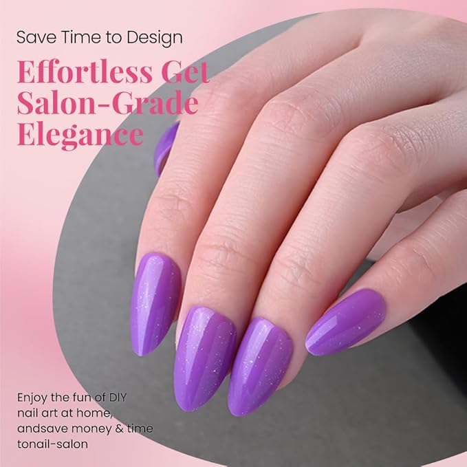 evpct Press on Nails Almond Short, Violet Purple Glitter Shimmer Shiny Short Almond Fake Nails for Women Gift, Soft Gel Press Glue On Nails with Nail Glue 30Pcs Reusable Acrylic Fake Nail Manicure Kit