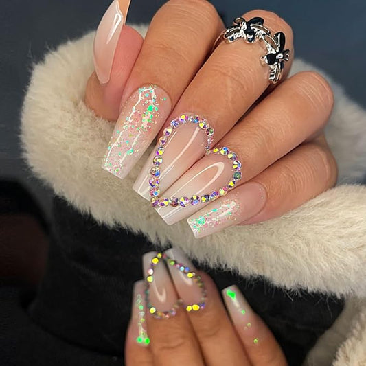 Yivaiks Rhinestone Press on Nails Pink Medium Length Stick on Nails for Women Glitter Artificial Nails Acrylic Nails Press on Fake Nails With Glue 24pcs