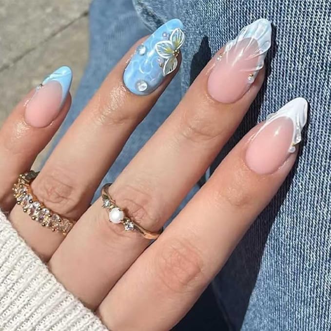 Almond Press-On Nails - Medium French Tips Blue Glossy Full Cover for Women, 24 PCS (Blue 3D French)