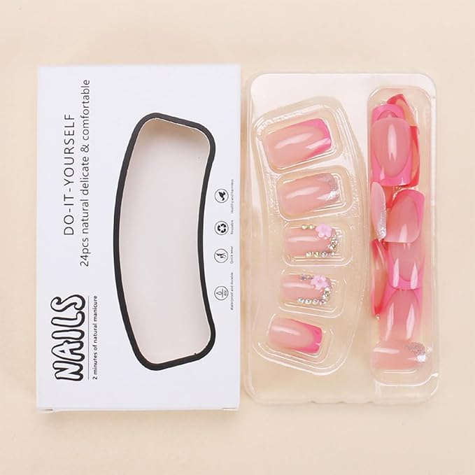 24Pcs Pink Flower Press on Nails Short Square French Tip Fake Nails Colour Rhinestones Design Luxury Shiny False Nails Nude Full Cover Artificial Glue on Nails Spring Nail Supplies for Women DIY Kit