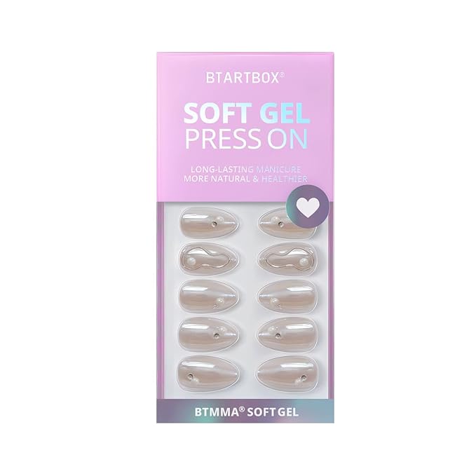 BTArtbox Press On Nails Short - Pearl Accents Chrome Almond Press On Nails with Glue for Women, Opaque Soft Gel Glue On Nails in 16 Sizes - 32 Stick On Nails Kit, Tidal Pearl