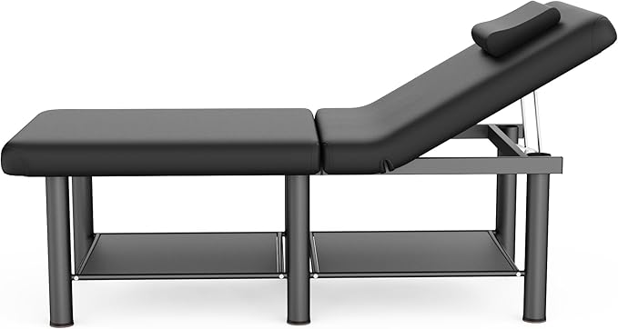 Folding Stationary Massage Table with Backrest and Storage Space, 6 Round Legs Metal Frame PU Leather, 30.5'' Wide × 75'' Long for Treatment Table Physical Therapy Table Spa Facial Bed, Black