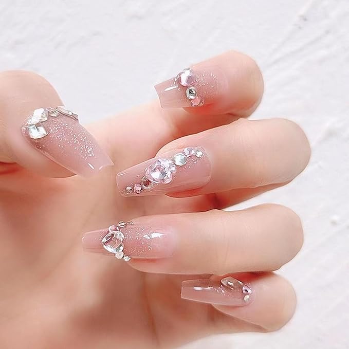 Medium Press on Nails Coffin Fake Nails with Rhinestones Glitter Designs Glue on Nails Light Pink Transparent Nails Press ons Medium Coffin False Nails Artificial Stick on Nails for Women 24Pcs