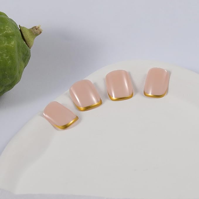 Short Press On Nails Square, Nude Fake Nails with Graceful Golden Curve at the Base, Glossy Gel Finish Acrylic Nails, Natural Reusable Glue On Nails Kit for Women, 15 Sizes - 30Pcs, Graceful Edge