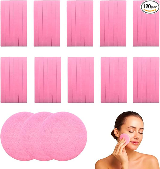 120 PCS-Compressed Facial Sponges,100% Natural Cellulose Face Sponge, Professional Cosmetic Spa Sponges for Daily Facial Cleansing,Exfoliating,Makeup Removal,Travel Skincare Essentials (Pink)