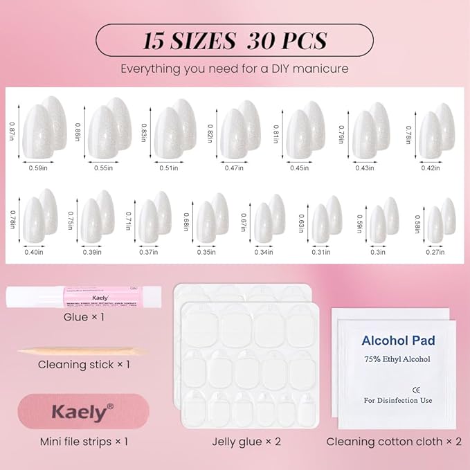 evpct Cat Eye Press on Nails Almond Short, Cat Eye Stick on Nails Press on, Pearl White Glitter Short Almond Press Glue on Nails, Fake Nails Press ons with glue, 30Pcs Reusable Acrylic Fake Nails Kit