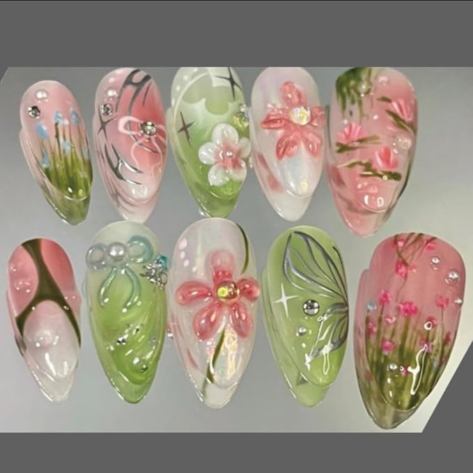 30Pcs Spring Flower Press on Nails Medium Almond Fake Nails with 3D Pearl Rhinestones Design Summer Grassland French Tip False Nails Silver Butterfly Bow Floral Stick on Nails for Women Decor