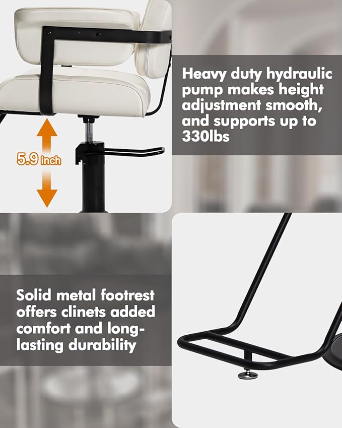 Barber Salon Chair, Extra Wide Hair Styling Chair with Heavy Duty Hydraulic Pump, 360° Swivel Height Adjustable Braiding Design, Luxury Beauty Salon and Barbershop Equipment, Ivory