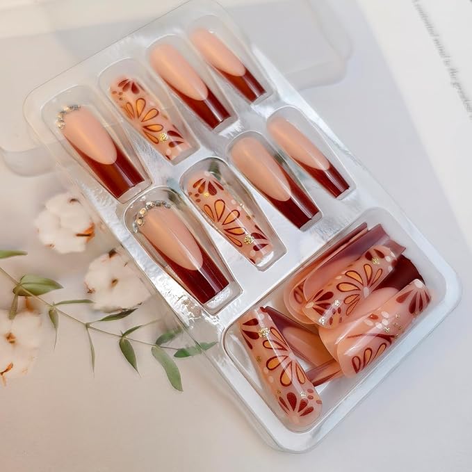 24Pcs Brown French Tips Press on Nails Long Square Fake Nails with Autumn Flower Rhinestones Designs French Flowers False Nail Full Cover Fall Glue on Nails for Women, Autumn & Winter Nail Art