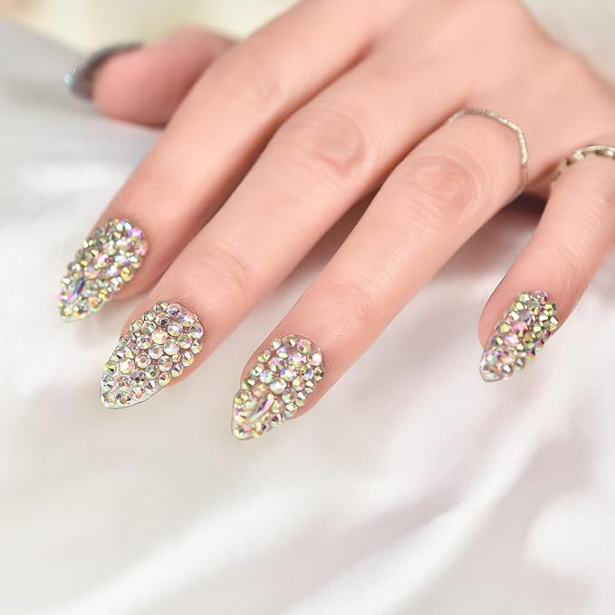 Handmade Nails 24pcs Full Cover 3D Rhinestones Press On Nails Almond Medium Length Nails Women Girls Gifts Salon Manicure Shiny Crystal Nail Art Tips Fake Nails Reusable Acrylic False Nails