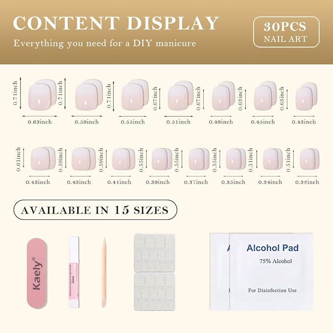 evpct Ombre Glossy Press on Nails Short Square, Nude to White Glossy Fake Nails Reusable, Acrylic False Nail Stick Glue on Press ons for Women Gifts, Color Ombre Artificial False Nail Kit Glue, 30Pcs