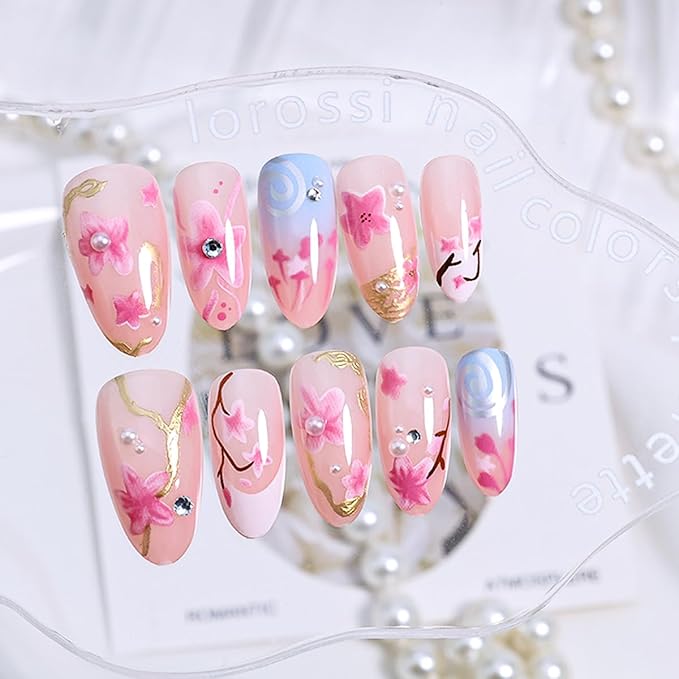 30Pcs Summer Almond Press on Nails with Cherry Blossom Pearl Rhinestones Gold French Tips Reusable Fake Nails for Wedding Party, Flowers Nail Art Set, DIY Long Pink Acrylic False Nails for Daily Wear