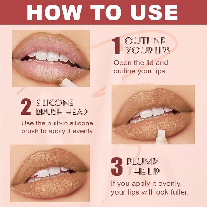 Plump Matte Crayon Lip Liner Pencil, Nude Lipstick Lip Liners for Women, 24 Hour Long-Lasting Lip Gloss Makeup, With Silicone Smudger for Define Contours & Sculpting Lip, 03