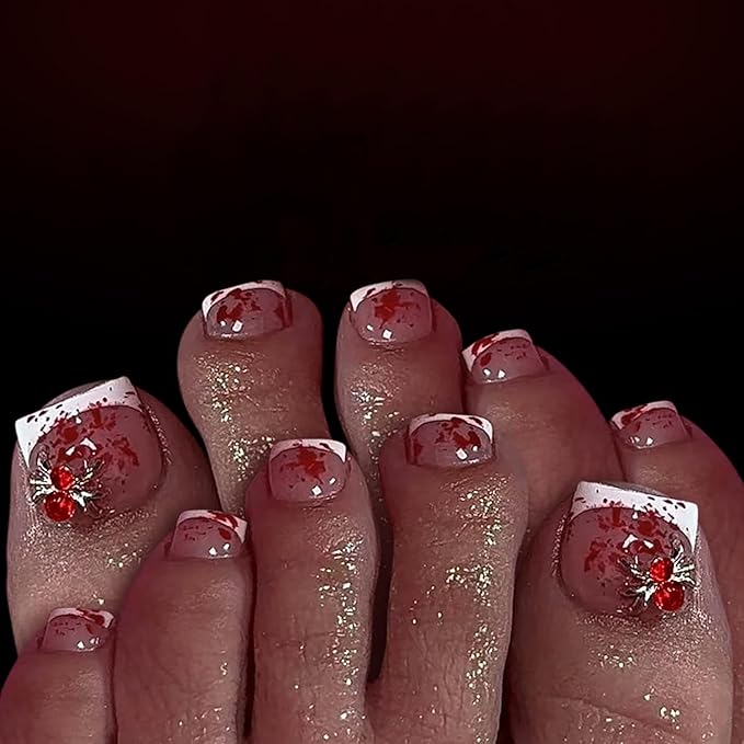24Pcs French Tip Press on Toenails Short Square Fake Toe Nails with Bloody Designs 3D Spider False Toenails Glue on Nails Halloween Acrylic Nails Press on Spider Rhinestones Stick on Nails for Women