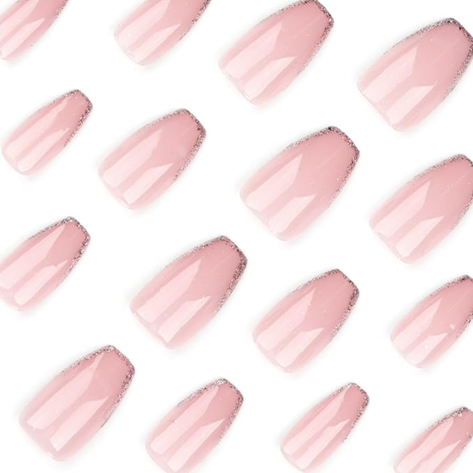 Hkanlre Medium Coffin Press on Nails Bling Fake Pink Nails Tips Full Cover False Gold French Nails for Women and Girls 24PCS